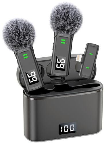 EZColoris Wireless Lavalier Microphones for iPhone 14/13/12/11 Pro/11/XS MAX/XR/8/7 Lapel Microphone for Video Recording Tiny Mics for YouTube Podcast with Carrying Case
