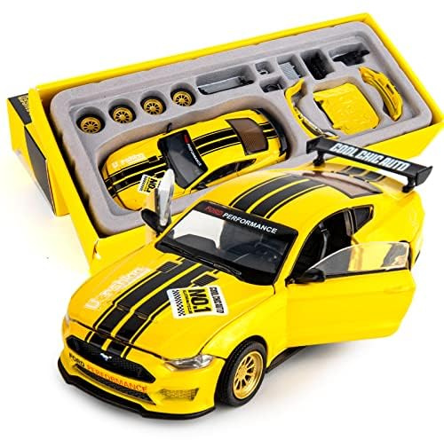1:42 DIY Ford Mustang Auto Modellbausatz, Abnehmbares Die-Cast Spielzeugauto mit Öffnenden Türen, Lernpuzzle-Set für Kinder, Geschenk für Jungen & Mädchen (gelb)