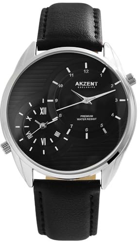 Excellanc Herrenuhr Schwarz Analog 2 Zeitzonen Dual Time Weltzeit Kunst Leder 3ATM Quarz 92900187002