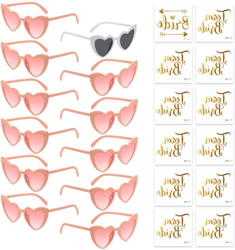 Partybrille Herz Sonnenbrille,12 Bride to Be Herz Sonnenbrille und 12 Team Bride Tattoo Aufkleber,Party Sonnenbrille Team Bride,Hippie Herzförmige Brille,JGA Partybrillen und JGA Deko Accessoires