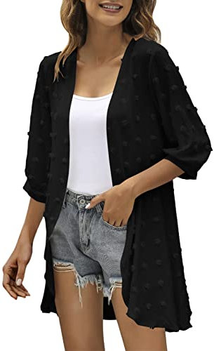 Cardigan casual da donna con maniche a tre quarti aperto sul davanti leggero a pois cardigan drappeggiato con volant cardigan da donna cardigan lungo spolverino, Nero , XXL
