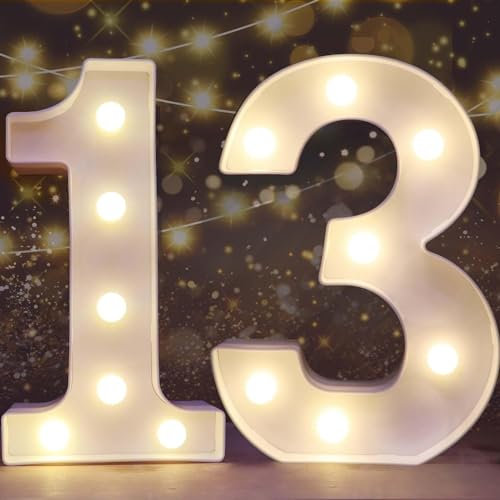 Decorative LED Light Up Numbers, 13th Birthday Decoration for Girls Boys, Marquee Numbers 13 Sign for Party Backdrop 13th Wedding Anniversary Decor, Battery Operated Number 13