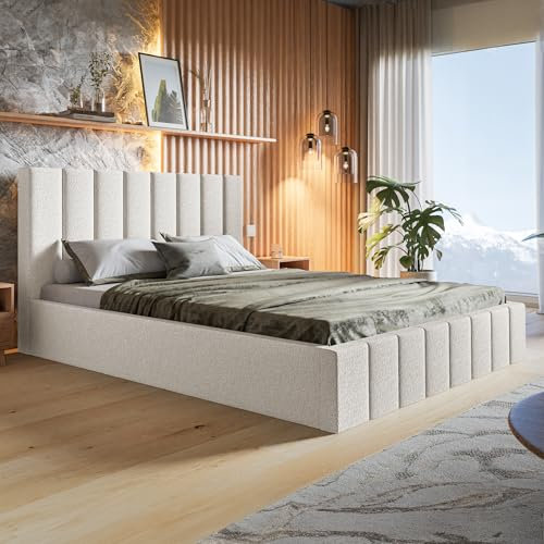 MOTIVENA Ibiza Bett 120x200, Polsterbett 120x200, mit Bettkasten, mit Stauraum, mit Lattenrost, mit Kopfteil, ohne Matratze, Boucle, Weiß Milch