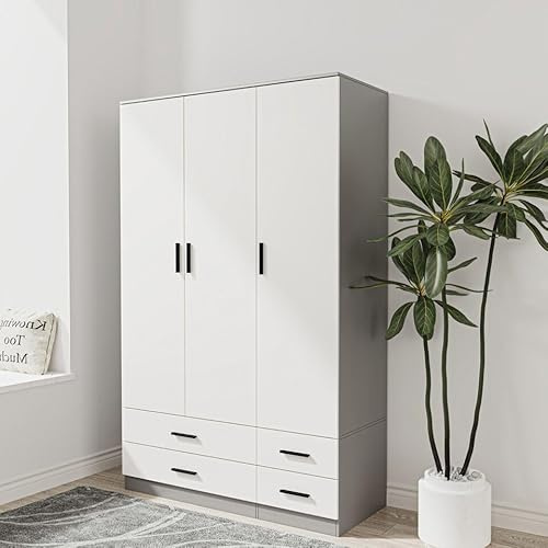 URBNLIVING Modern 3 Door 4 Drawer Wardrobe with Hanging Rail, Bedroom Furniture, Storage Shelf Clothes Organiser Stylish Design, Ample Storage Solution (Grey & White)