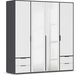 Rauch Möbel Nagata, Drehtürenschrank, Kleiderschrank, Kleiderschränke, Garderobe, 4-türig, 2 Spiegeltüren, 4 Schubladen, Spiegel-Glas teilaufgelegt, Farbe Weiß-Grau metallic, Schwarz, 187x194x53cm