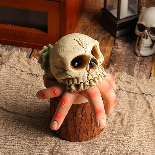 Lxoraziy Skelett Dekofigur – Realistischer Schädel mit Geisterhand aus Harz, 14 cm – Künstlerische Tischdekoration für Zuhause, Büro, Sammler & Geschenkideen