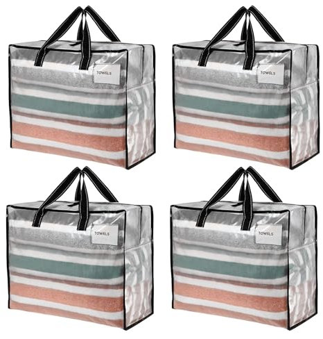 VENO 50L Borse per trasloco grande, Scatole trasloco con Cerniera, Borsone da viaggio, borsa di stoccaggio durevole, resistente all’acqua, buste per indumenti (S Trasparente, Set da 4)