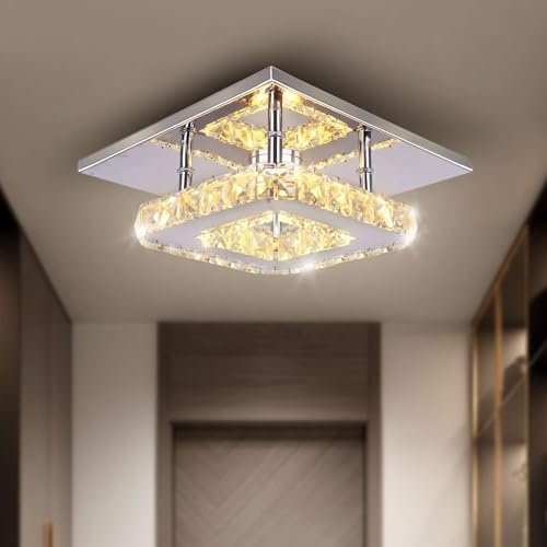 diisunbihuo Small Led Chandelier Semi Flush Mount Crystal Lighting Modern Ceiling Crystal Lamp for Bedrooms Dinning Rooms Hallway (Square Warm)