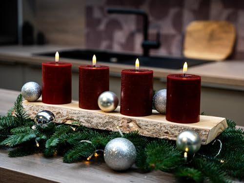 INSPINOVIA LED Echtwachs Kerzen mit Fernbedienung & Timer | Weihnachtskerzen | Ideal für Adventskränze | 3er und 4er Sets | Weihnachtsdeko | Adventskerzen (Rot, 4er Set | 10 cm)