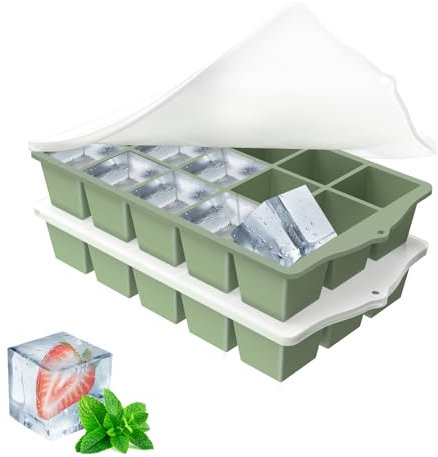 YUNISS Eiswürfelform Silikon, 2 Stück 15 Fach Eiswürfelschalen, Stapelbar Eiswürfelbehälter Mit Deckel BPA Frei, Sichere Gesunde Eiswürfel Form für Babybrei Cocktail Whiskey Kaffee Eiscreme -Grün