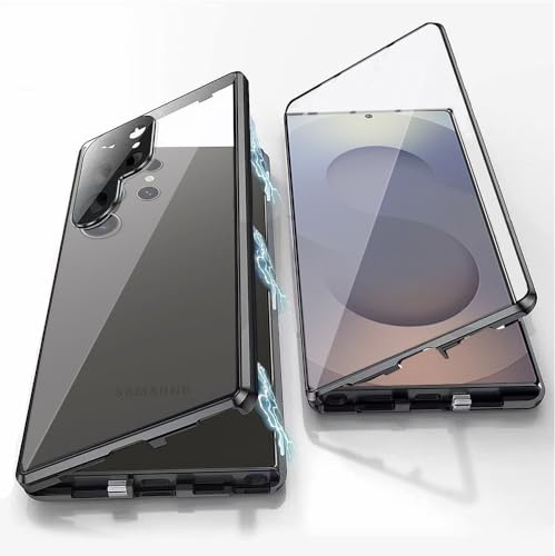 Orgsty Hülle für Samsung Galaxy S25 Ultra, Magnetische Hartglas 360 Grad Hülle mit Vorderseite und Rückseite, Metallrahmen Case mit Eingebaut Magnet, Ultra Dünn Handyhülle, Schwarz