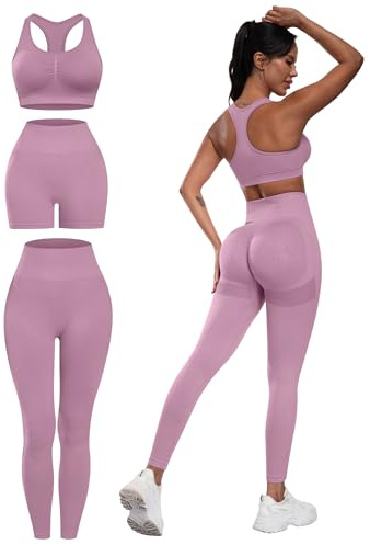 SALSPOR 3 Piece Workout Sets for Women Butt Lifting Leggings with High Impact Sports Bra Gym Shorts