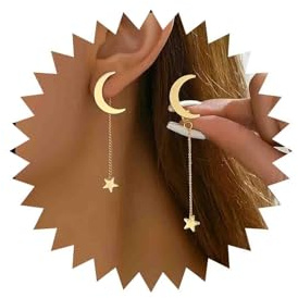 Gold Mond Ohrstecker Stern Silber Ohrringe Stern Einfädler Tropfen Kette Faden Linie Durchziehen Lange Minimalistische Ohrringe Für Frauen