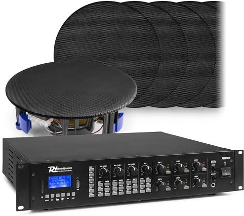 Power Dynamics PRM606-12 Einbaulautsprecher Decke mit Matrix 4-Kanal Verstärker, 6 Zonen, Bluetooth, USB & SD, Deckenlautsprecher für Multiroom Audio, Lautsprecher-System für Gewerbe, Gastro, Büro