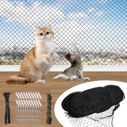Katzennetz für Balkon Ohne Bohren, Katzennetz Drahtverstärkt, Katzen Netz Schwarz, Katzenschutznetz mit Befestigungsseil und Zubehör, Balkonnetz für Katzen, Fenster, Terrassen, Gärten (6x3M)