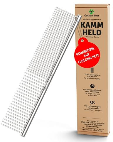 NEU! Profi Hundekamm zur Fellpflege von mittlerem & langem Haar bei Hunde & Katzen, Pudel, Goldendoodles I Golden Pets kompatibel - Gegen Knoten und zum Finish I + neues E-Book Größe S