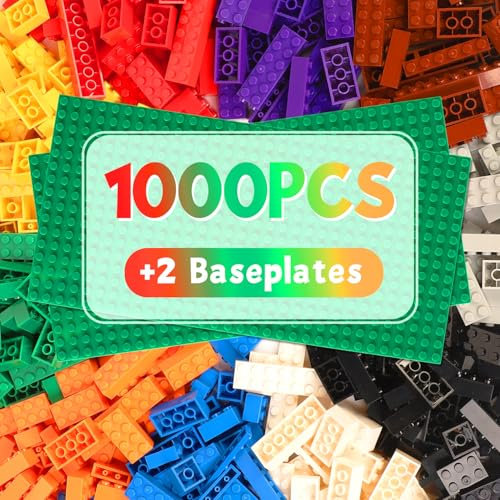 HIUME Klemmbausteine Set Mit 1000 Steinen Und 2 Grundplatten – Bausteine Kompatibel, 14 Farben, 19 Formen, Konstruktionsspielzeug Für Kinder Ab 6 Jahren, Building Blocks Spielzeug. (Gemischte Farbe)