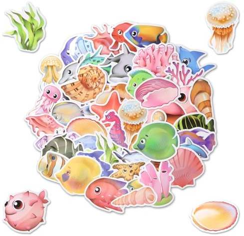 Culinavog Ocean Stickers, 50 Pieces Removable Reusable Gel Clings Decals for Party, Waterproof Ocean Animal Stickers for Home, Cute Gel Clings Decals for Scrapbook, Bottles, Skateboard (Multicolor)