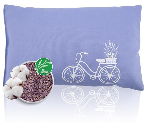 Herbalind Lavendelkissen 30x20 cm – Duftkissen mit Lavendelblüten & Schafschurwolle, Baumwollbezug mit Fahrrad-Motiv auf Lavender Blue