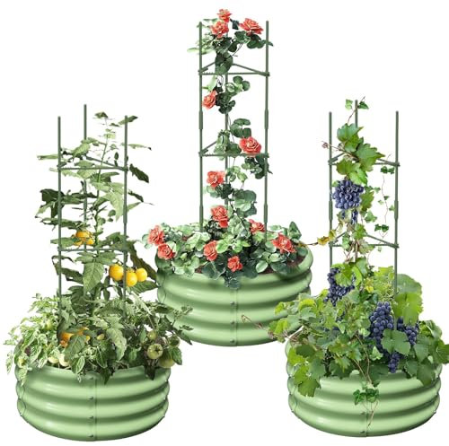 SUNYRISY 3er Set Rund Hochbeet Metall für Garten mit Rankhilfe Pflanzenhalter, Pflanzkasten Blumenkasten Kräuterbeet mit Rankgitter für den Anbau von Tomaten, Blumen und Kräutern, Grün