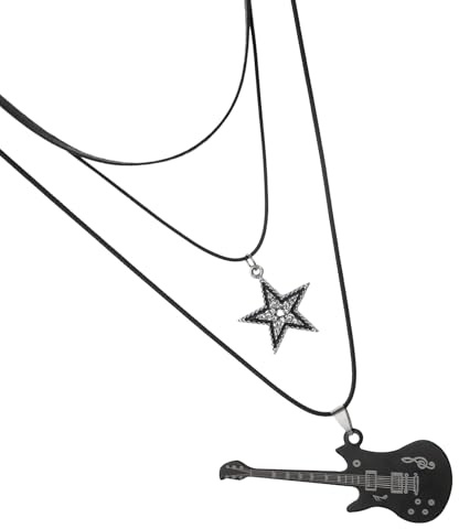 Stern Vintage Halskette,Gitarre Lagenkette,Edelstahl Kette Männer,Kettenanhänger Herren und Damen,Bar Party Schmuck,Punk Stern Choker Rock Roll,Star Rock Schmuck,Necklace Women,Kette Teenager Mädchen