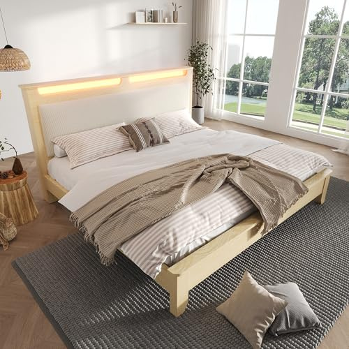 IHO SOFA Doppelbett Polsterbett Holzbett 180x200cm mit Stauraum Kopfteil & Beleuchtung – Holzbett in Heller Eiche mit Polster-Rückenlehne, Bettrahmen inkl. Lattenrost (Ohne Matratze)