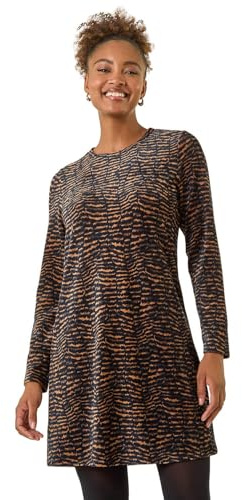 Roman Originals Abstract Print Swing Stretch Dress for Women UK - Ladies Everyday Autumn Winter Round Neckline Comfy Soft Evening Vacation Work Party Night Out - Tan - Size 18