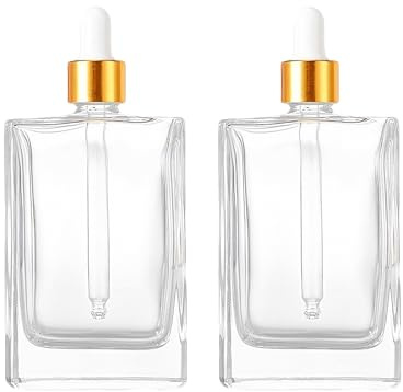VASANA 2Pcs 50ml/1.7oz Empty Clear Square Glass Dropper Bottles with Gold Eye Dropper Refillable Essential Oils Bottles Perfumes Sample Vials Travel Cosmetic Container