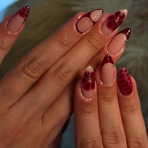 24Pcs Burgundy Red and Nude Pink Short Stiletto Press On Nails with Geometric Patterns and Mirror Glossy Finish - Pre-Shaped Easy DIY Manicure for Women Wedding Party and Daily Wear