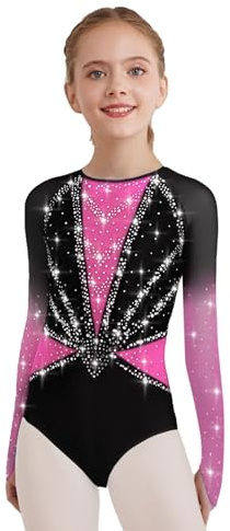 Eandarui Kinder Mädchen Turnanzug Langarm Gymnastikanzug Strassstein Glänzend Ballettanzug Mesh Patchwork Sportbody Gymnastik Outfit