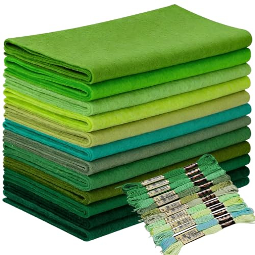 Wonninek Filzbögen, Pastellfarben, weich, 20,5 x 90 cm, 1,4 mm dick, Grün, Filzpackung mit Stickgarn, DIY, Basteln, Nähen, Vlies-Patchwork, 12 Rollen