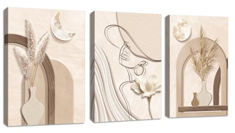 3Pcs Abstrait Tan Crème Géométrie Plantes Tableau Decoration Murale Neutre Beige Roseau Affiche Decoration Murale Minimaliste Filles Visage Tableau Peinture Sur Toile Deco pour Salon Chambre 30X40cmX3