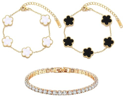 TENGWA 18k Vergoldet Schmuck Schmuck Gold Wasserfest 17+5 cm Kleeblatt Armband Weißer Glücksklee Geschenk zum Geburtstag Jahrestag Valentinstag Muttertag Oder Neujahr