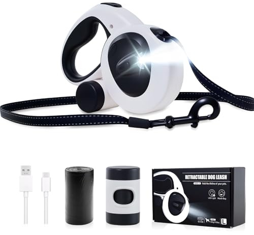 Quppa 5M einziehbare Hundeleine 4-in-1-Hundeleine mit LED-Licht,Spender,Kotbeuteln,Schnellverschlussbremse und rutschfestem Griff,360° verwicklungsfrei für Hunde bis zu 66-100 lbs,schwarz M