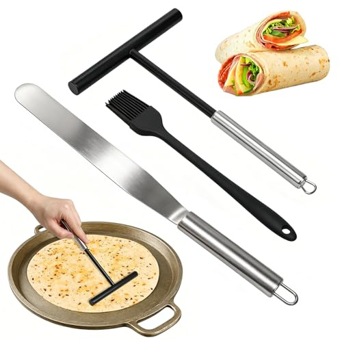 Crepes Verteiler Set 3 Stück, T-förmiger Teigverteiler aus Edelstahl, Spatel und Kochpinsel, für gleichmäßiges Verteilen von Pfannkuchen- und Crepeteig, spülmaschinengeeignet, Küchen Backzubehör