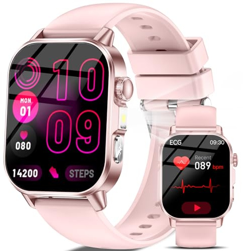 Smartwatch Damen mit EKG+HRV/Blutdruck/Schlaf/Emotion/Stimmung/LED-Licht | 2,0Gesundheitsuhr mit Pulsuhr Harnsäure Körpertemperatur SpO2 Menstruationszyklus BMI, SOS-Notruf Fitnessuhr für iOS/Android