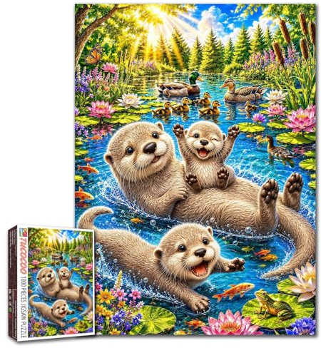 Playful Otter Family Jigsaw Puzzle 1000 Piece Puzzles for Adults and Beginner Pond Wildlife Picture Puzzles Farmhouse Decor Challenging Family Activity Games Colorful DIY Craft Gifts 20×27 Inches