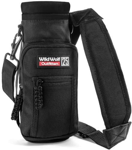 Wild Wolf Outfitters Water Bottle Carrier Holder with Adjustable Strap and 2 Pockets for Hands-Free Walking and Hiking | Black, 750 ml