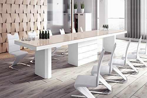 Design Esstisch HE-444 Cappuccino Hochglanz/Weiß Hochglanz ausziehbar XXL 160 cm bis 412 cm Esszimmertisch für 16 Personen Kitchentable Funktionstisch Ausziehtisch Esszimmer Tisch Esszimmermöbel