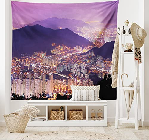 ABAKUHAUS Städtisch Wandteppich, Skyline von Busan Korea aus Weiches Mikrofaser Stoff Waschbar ohne Verblassen Digitaldruck, 150 x 110 cm, Violett Lila