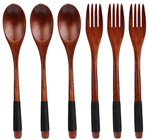 TsunNee - Set di posate in legno naturale, manico lungo, stile giapponese, per campeggio, cucina, da pasto (nero)
