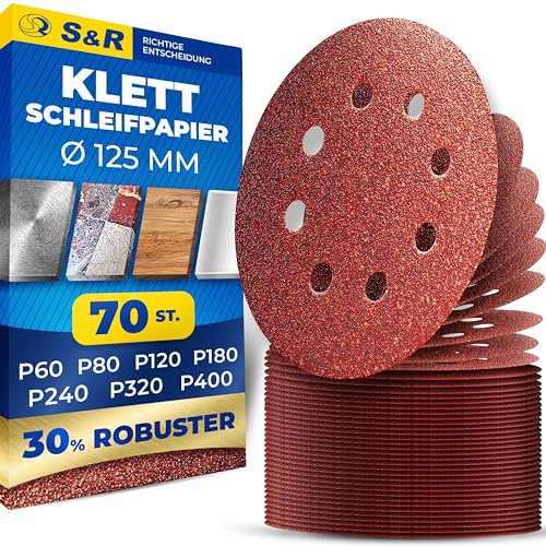 S&R Klett Schleifpapier Professional, Set 125 mm 70 St: je 10x P60, P80, P120, P180, P240, P320, P400, 8 Löcher, Schleifblätter für Exzenterschleifer