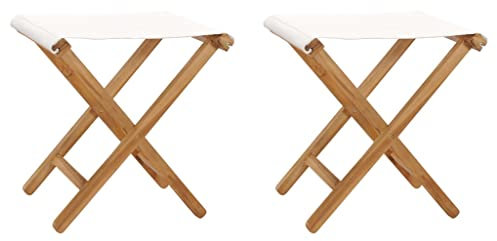 vidaXL 2X Teak Massiv Klappstuhl Gartenhocker Klapphocker Hocker Gartenstuhl Holzhocker Faltstuhl Campinghocker Sitzhocker Stoff Cremeweiß