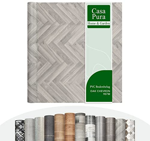 CV Cusion Vinyl Flooring | PVC Decking Roll, Non-Slip Laminate Floor Covering (Foamed) Chevron Oak 907M Elegant Wood Effect Textured Surface Flooring (100 x 250 cm)
