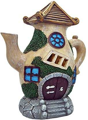 ALT90 Solar Fairy Garden Teapot House and Doors LED Illuminated Outdoor Ornaments Weatherproof [Solar Teapot House]