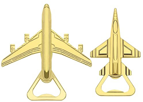 eMagTech Abridor de botellas de cerveza, con forma de avión, herramienta de apertura de botellas, gadget de decoración de aviones, regalos de aviación para piloto con caja de regalo dorada