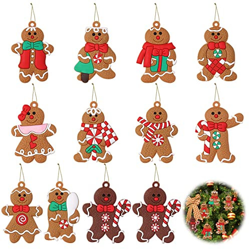 12 piezas de muñeco de pan de jengibre de Navidad, decoración de árbol de Navidad, muñeco de pan de jengibre con cuerda, para decoración de árbol de Navidad y bricolaje