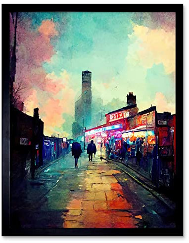 Doppelganger33 LTD Brick Lane London 1960's Night Street Scene Oil Painting Art Print Framed Poster Wall Decor 12x16 inch