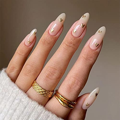 24pcs Almond False Nails Medium Length Stick on Nails Gold Heart Press on Nail Removable Glue on Acrylic Full Cover Fake Nail Art Accessories for Women Girls