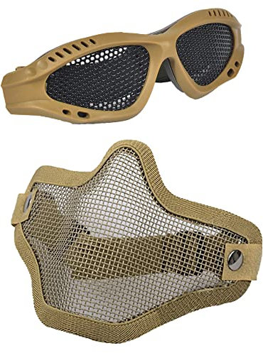 tryway Taktische Airsoft-Maske und Schutzbrille, Halbgesichts-Totenkopf-Maske mit Airsoft-Brille für Outdoor-CS-Spiel und Jagd (Khaki)
